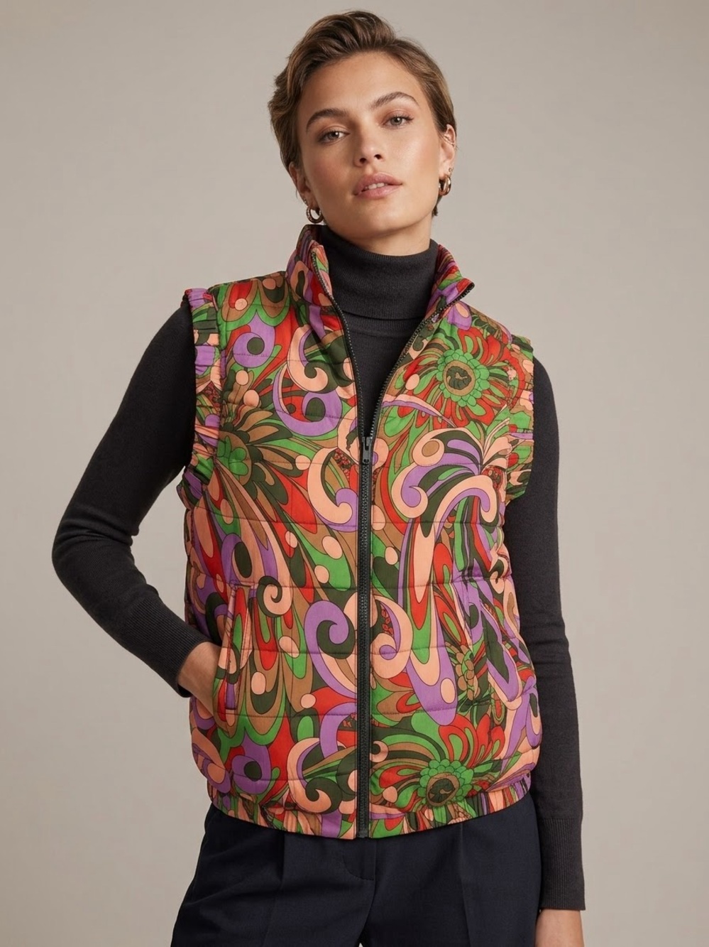 JULIE BROWN New York Psychedelic Floral Puffer Vest Mod Retro Size Small